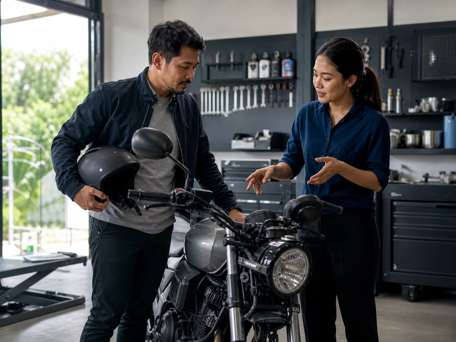 Seorang rider Indonesia berdiskusi tentang kebutuhan motornya dengan seorang advisor