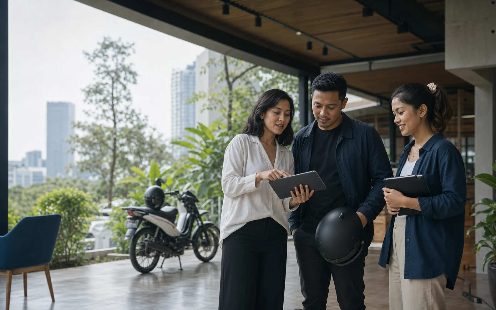 Tiga orang Indonesia berdiskusi di sebuah hub komunitas dan mobilitas